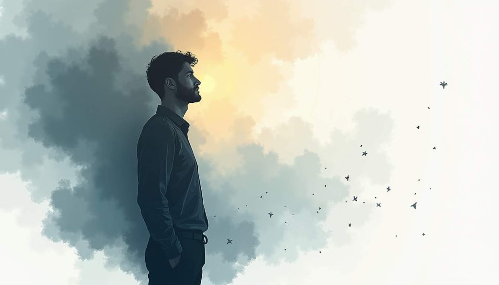 An abstract representation of a man’s silhouette surrounded by dark clouds or shadows