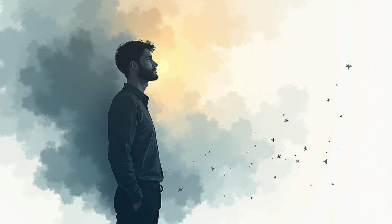 An abstract representation of a man’s silhouette surrounded by dark clouds or shadows