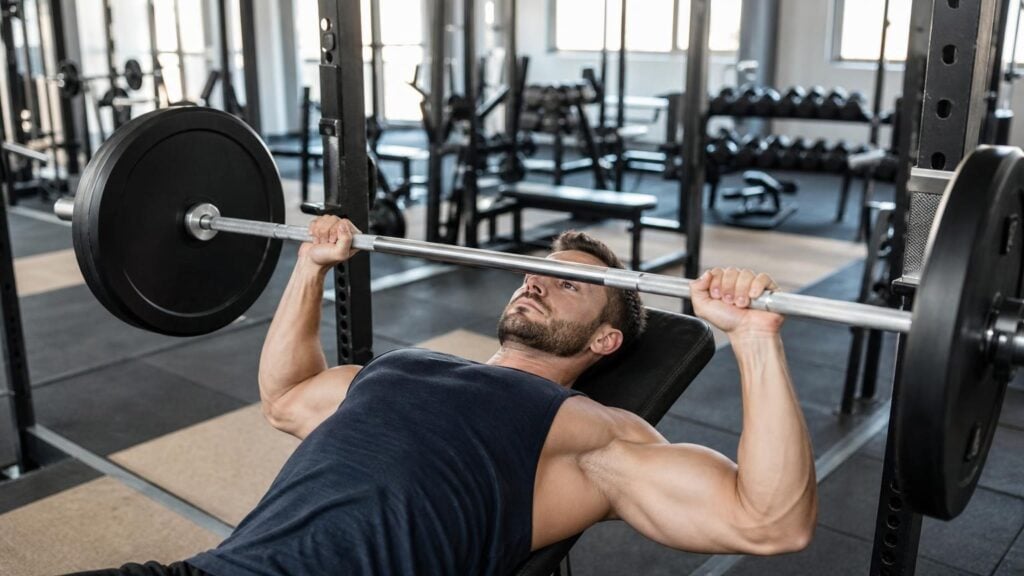 Muscular man performing an incline barbell bench press in a bright, modern gym to build chest muscles.
