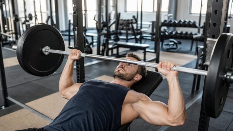 Muscular man performing an incline barbell bench press in a bright, modern gym to build chest muscles.