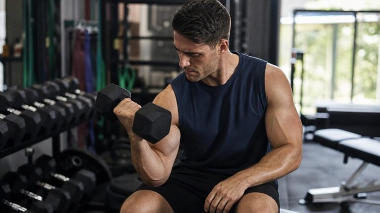 Muscular man in a blue tank top performing a seated dumbbell bicep curl in a gym setting.